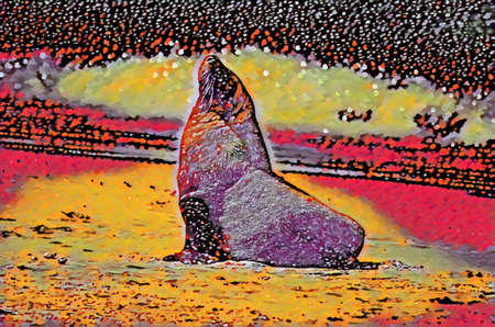 Artwork image of a Bull Fur Seal or male fur seal, soaking up the sun.の写真素材
