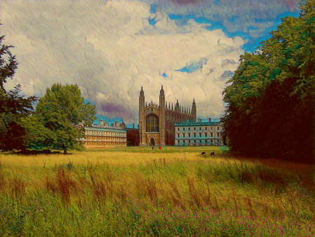 River Cam view of King's College Chapel in Cambridge, England. Edited to look like a painting, with fluffy clouds, green trees, and tall grass growing in the summer sun.の写真素材