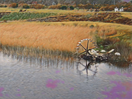 Countryside in Ireland, with yellow tall grass, a wide river with a watermill. Edited to create a painting look.の写真素材