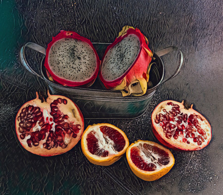 Tropical fruit sliced in half displayed against a dark background and galvanized bucket. Edited to look like an ink image.の写真素材