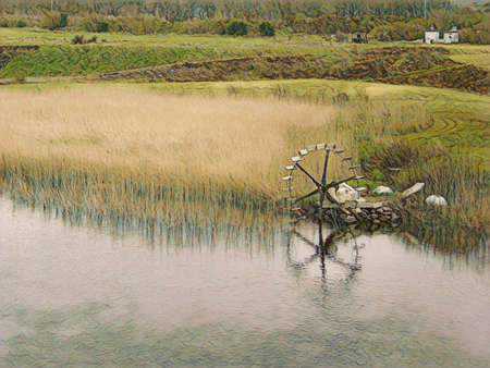 Countryside in Ireland, with yellow tall grass, a wide river with a watermill. Edited to create a painting look.の写真素材
