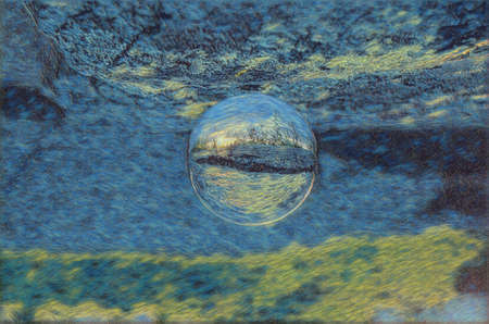 Shenandoah national park Sunset is reflected in a Crystal Ball, resting on a flat rock.の写真素材