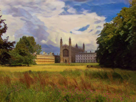 River Cam view of King's College Chapel in Cambridge, England. Edited to look like a painting, with fluffy clouds, green trees, and tall grass growing in the summer sun.の写真素材