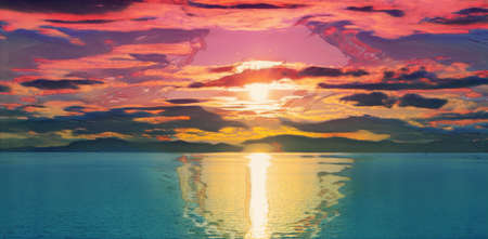 Vivid sunset over turquoise water edited to look like an acrylic painting. The sun is a mix of pinks and purples and the silhouette of rolling hills.の写真素材