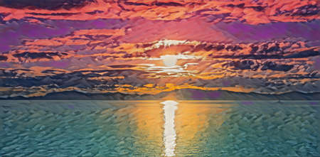 Vivid sunset over turquoise water edited to look like an acrylic painting. The sun is a mix of pinks and purples and the silhouette of rolling hills.の写真素材