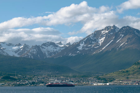 Cruise ship in the fjord of norway, mountains in the backgroundの写真素材