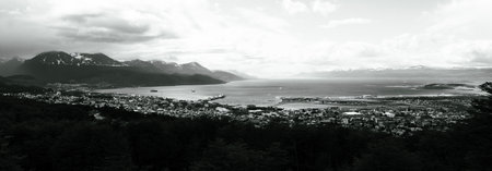 Black and white panoramic view of a cityの写真素材