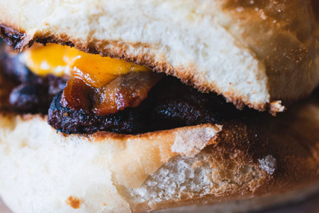 Cheese burger - American cheese burger with Golden French fries and eggの写真素材