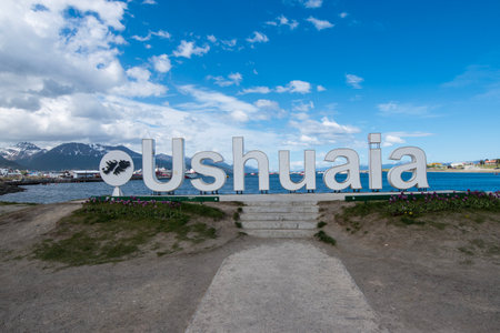 Sign "Ushuaia" in the city of Ushuaiaの写真素材