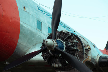 Close-up of propeller of an old airplane with propellerの写真素材