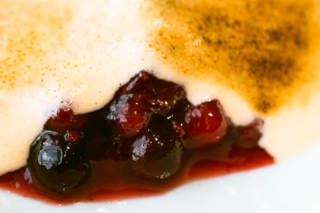 Cottage cheese pancakes with berries on a white plate. Macro.の写真素材