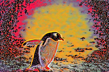 Penguin drawing by oil on canvas. Illustration of a penguin.の写真素材