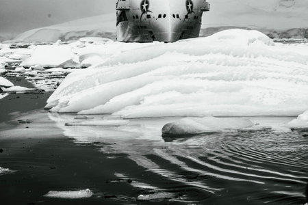 Antarctic icebergs and ship in Antarctica. Toned.の写真素材