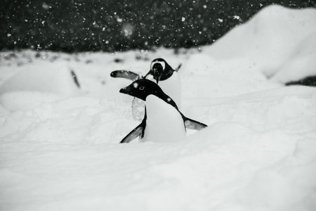 Gentoo penguin in the snow. Black and white photo.の写真素材