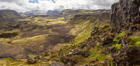 Rocky volcanic nature landscape of Landmannalaugar in Iceland on Laugavegur trek. Green Nordic summer on hiking trail.の写真素材