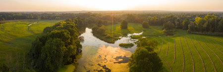 Nature scenery from aerial perspective with river and mowed meadow at sunset. Wide panoramic composition of summer wilderness from drone. Green forest during golden hour.の写真素材