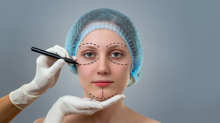 Front view of a plastic surgeon drawing lines on a face of young woman prior to cosmetic surgery. Concept of visage improvement and beauty healthcare in clinic.の写真素材
