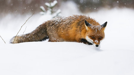 Red fox wading in deep snow in wintertime nature during snowing