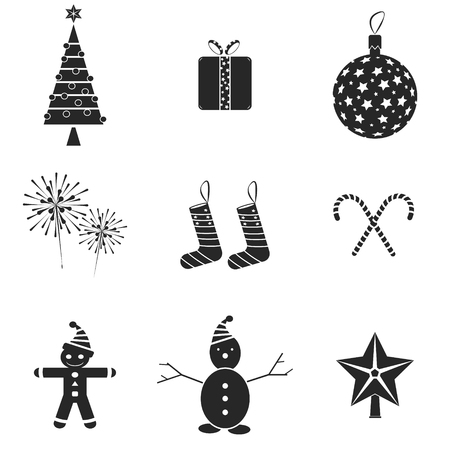 9 Christmas icons. Vector illustration. Black and whiteの写真素材