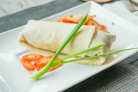 Beef burito with mizuna, bean sprout and kimchi