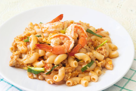 Stir fried  macaroni with shrimpの写真素材