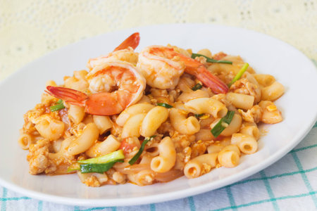 Stir fried  macaroni with shrimpの写真素材