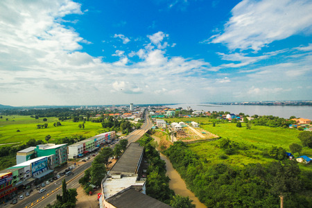 View of Mukdahan business center in Mukdahan Thailand, Mukdahan is also city of Thai - Lao P.D.R. border business center, view from Mukdahan Tower cityscapeのeditorial素材