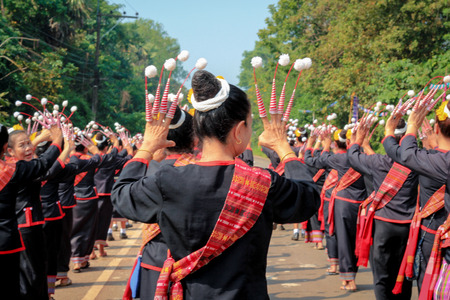 SAKON NAKHON, THAILAND - NOVEMBER 03: Thai traditional costumes for costumes and fashion show at Ban Pho Thai on November, 2016 in Sakon Nakhon, Thailandのeditorial素材