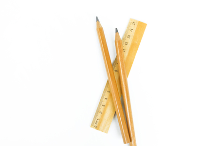 Set of wooden writing tools, pencil, pen, ruler, eraser, sharpener and bookの写真素材