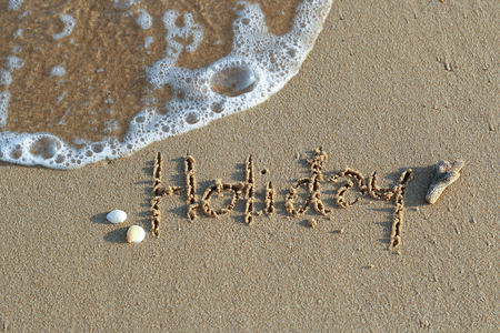 Hello Holidays. written in sand at the beachの写真素材