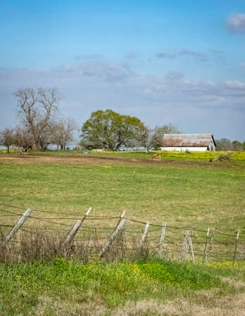 Portrait of rural countryside with barbed wire fence in the foreground in focus with barn and pasture in the background out-of-focus.の写真素材