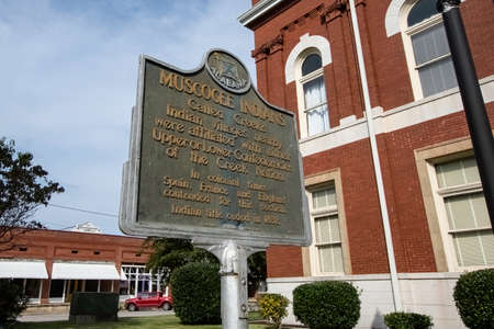 LaFayette, Alabama, USA-Oct. 4, 2020:  Informational sign about the Muscogee Indians outside of the Chambers County courthouse in downtown LaFayette.のeditorial素材