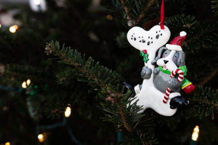 Clay Christmas ornament of a dog and a bone hanging on a live fir tree with white lights with negative space.の写真素材