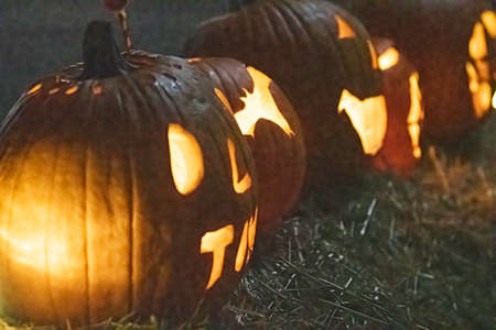 Carved pumpkins in a line on a straw baleの写真素材