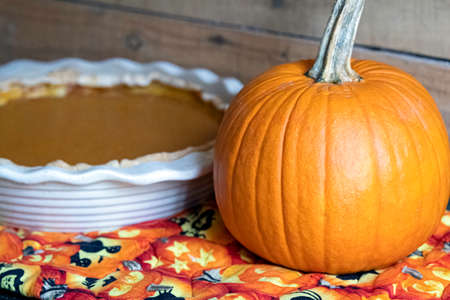 Small pie pumpkin in focus with a fresh, homemade pumpkin pie in the background out-of-focus.の写真素材