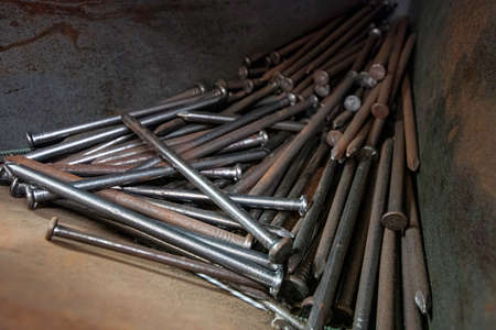 Iron construction nails in a metal bin.の写真素材