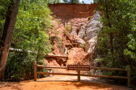 Lumpkin, Georgia, USA- June 6, 2021: View of one of the canyon walls with no climbing sign within Providence Canyon State Park in southwest Georgia.のeditorial素材
