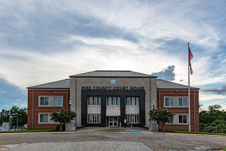 Troy, Alabama, USA - Sept. 3, 2022: View of the front entrance to the Pike County Courthouse with negative space.の写真素材