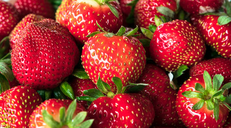 Red background of freshly picked strawberries (Fragaria ananassa).の写真素材