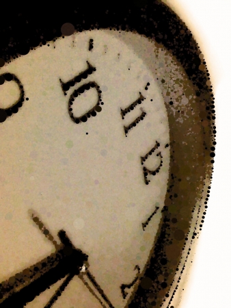 Retro-styled illustration of a clock, composed of sepia, circles referring to notions such as time, progression, countdown and nostalgiaの写真素材