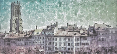 Painting-style illustration of the historic walled city with the St.-Nicolas cathedral in Fribourg (Switzerland)のeditorial素材