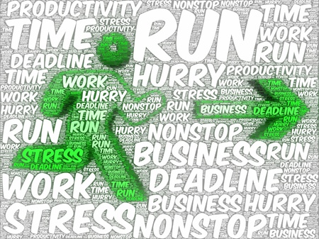 Word art illustration of a stylized running human silhouette followed by an arrow, referring to concepts such as stress, deadlines, nonstop working, being in a hurry, business, time, and productivityの写真素材