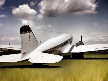 Painting-style illustration of an ancient transport aircraft (twin-engined DC-3) laying on a ground...