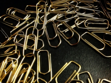 Sketched messy heap of golden paper clips on a black background, referring to concepts such as office work, administration and bureaucracy, as well as document filing and office suppliesの写真素材