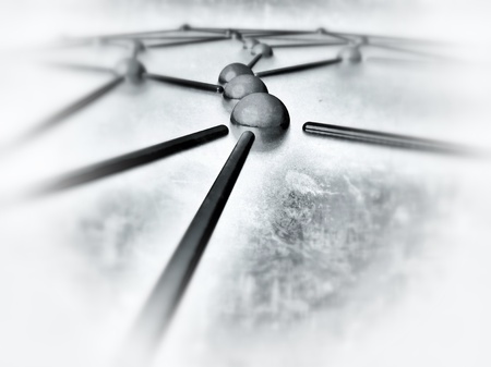 Old-style monochrome representation of a network with interconnected nodes, referring to the notion of processes, project management, network and social interactions, a pathway, or an itineraryの写真素材