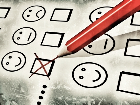 grunge-style illustration of a red pencil used to fill a customer satisfaction form, with notches on checkboxes with smileys, referring to concepts such as customer satisfaction survey and evaluationsの写真素材