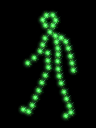 Stylized walking human silhouette composed of green lightspots, referring to concepts such as movement, progression, pursuit of a goal as well as perseverance and winner attitudeの写真素材