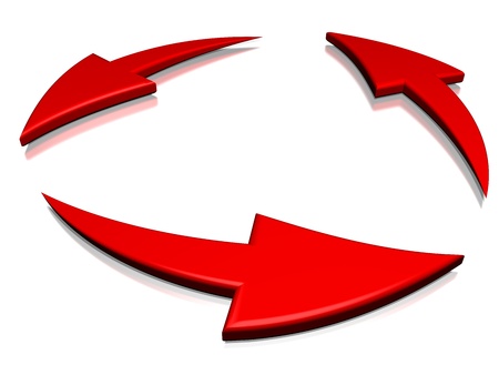 3 red cyclic arrows on a white background turning on themselves, representing notions such as synchronization, connection, process, movement, cyclical phenomenon, renewal, repetition, rotation, as well time which is goingの写真素材