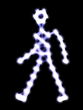 Side view of a walking glowing human silhouette, made of blue energy flows, referring to concepts such as motions, human body, anatomy and medicine, biology and genetics, as well as metabolic activityの写真素材