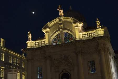 Dubrovnik, Croatia, August 3 2017, Saint Blaise Church, Nice warm summer night with moon in the skyのeditorial素材